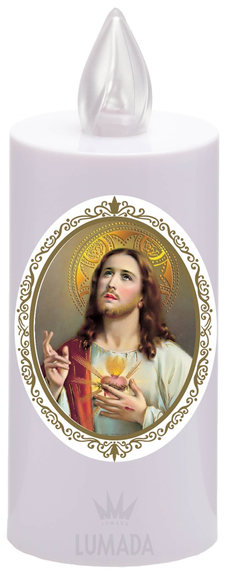 CANDLE ICON VIU18 WHITE (RED/FLICK.) D12 SACRED HEART OF JESUS - SKU: VIU18B-1D12